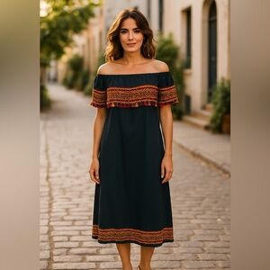 Hand crafted Off-Shoulder Black Maxi kaftan Dress with Orange Accents-L